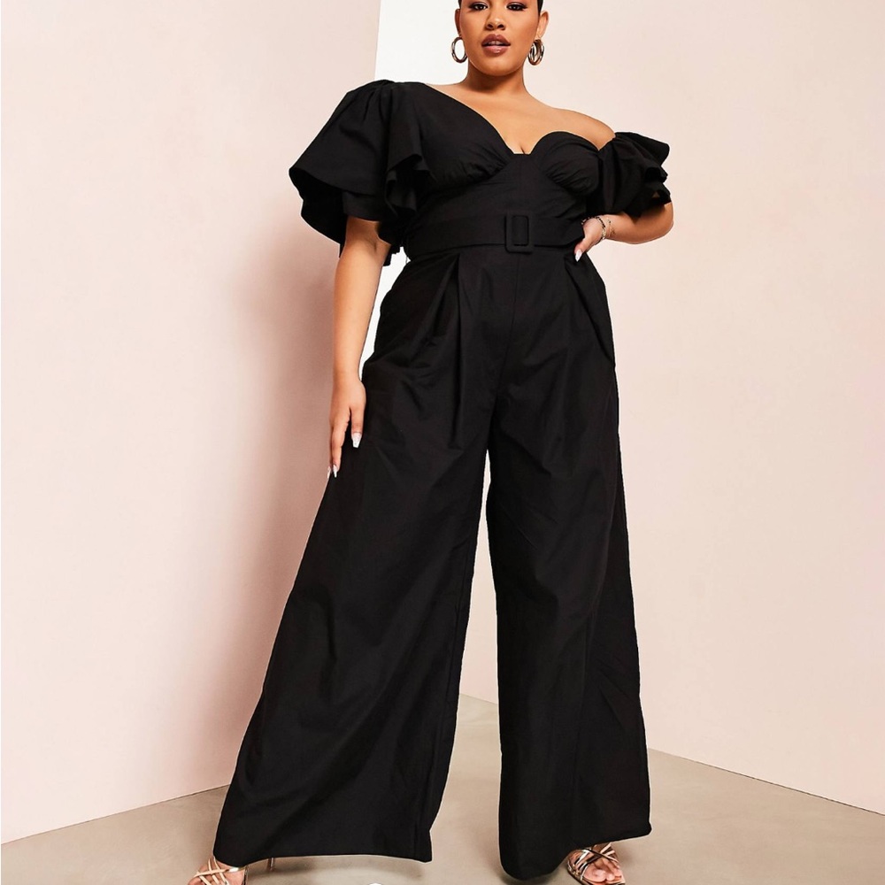 ASOS Luxe Curve Off Shoulder Belted Poplin Jumpsuit